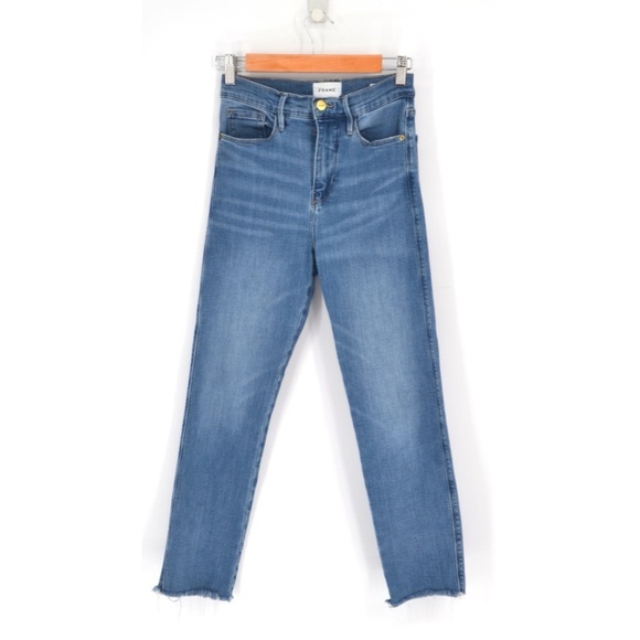 Frame Le Sylvie High Waist Raw Hem Crop Jeans in Kirah Wash Blue Women's 26 - Picture 1 of 6
